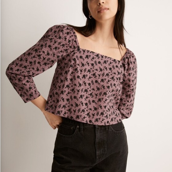 Madewell Tops - Madewell Seersucker Square-Neck Floral Blouse Long Sleeve Crop - M